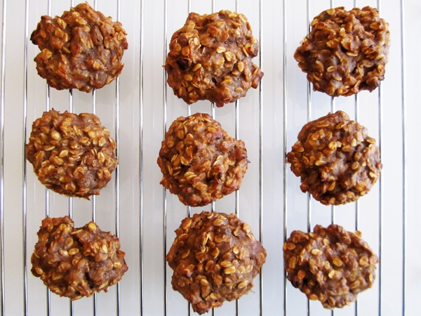 Healthy Breakfast Cookies - Vegan and Gluten-Free {NO Flour, NO sugar, NO oil! Just bananas, applesauce, peanut butter, maple syrup, vanilla extract, cinnamon, oats, walnuts and raisins}