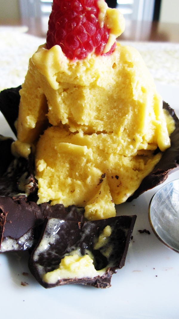 Raw Banana Mango Ice Cream in Chocolate Cups - Vegan & Gluten-Free