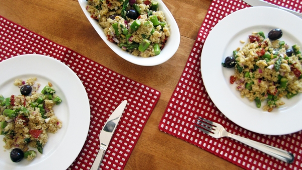 Quinoa Salad with Asparagus, Sundried Tomatoes, Olives & Pine Nuts (Vegan & Gluten-Free)