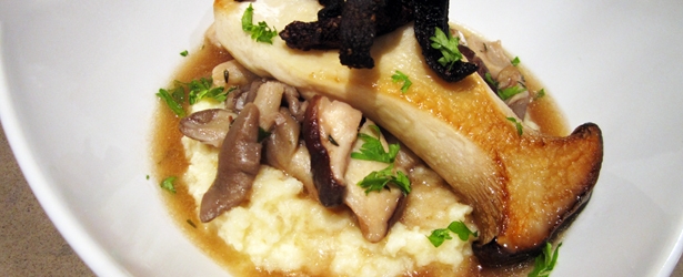 Cauliflower Puree with Mushroom Compote, Seared King Mushroom and Shitake Bacon - Vegan & Gluten-Free